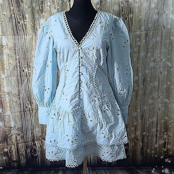 NWT RIVER ISLAND embroidery eyelet baby blue  dress US 6 - Picture 1 of 16